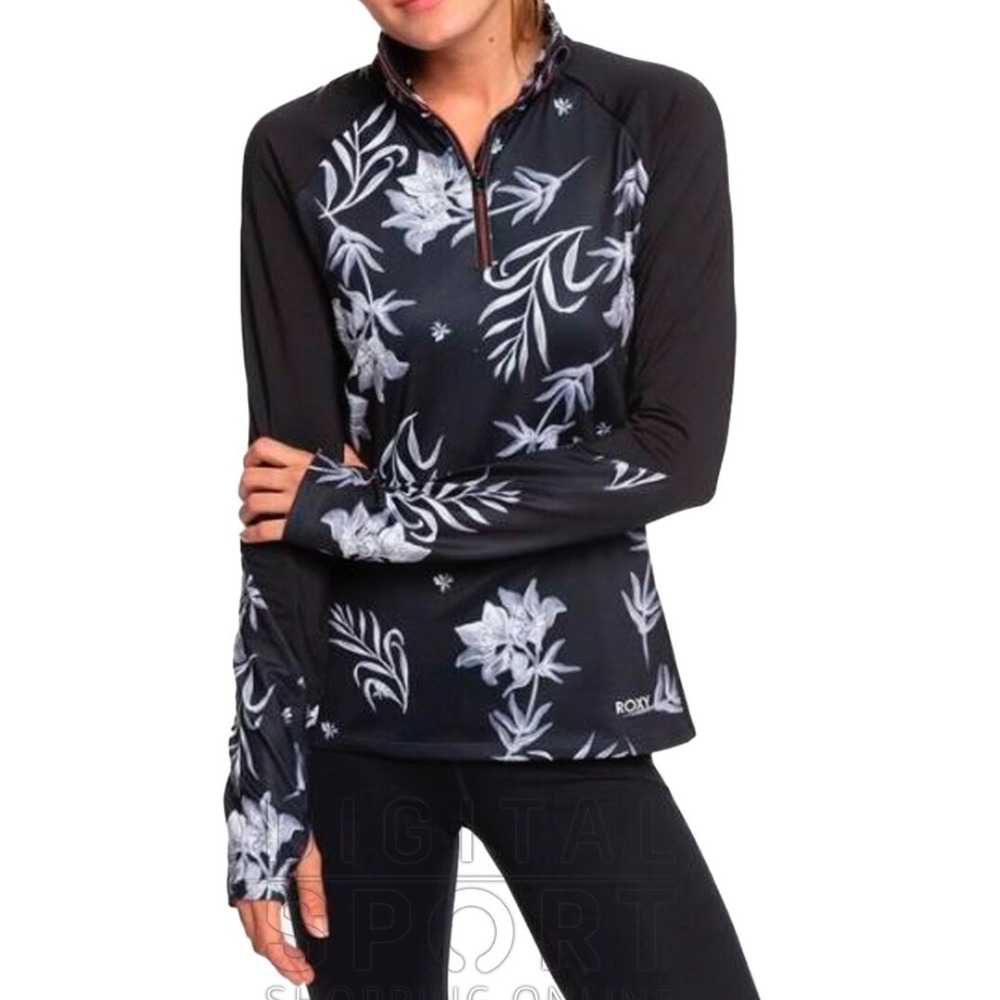 Roxy sz M Womens Black Floral Swim Rash Sun Gaurd Beach Outdoor Travel Vacation